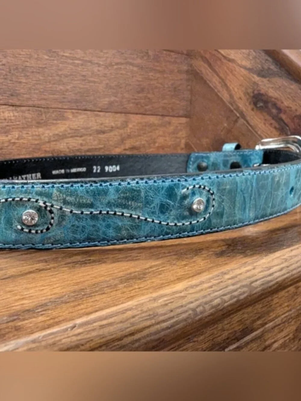 Western Belt Teal Leather, Silver Buckle White/Black Stitching & Gemstones Sz XS
